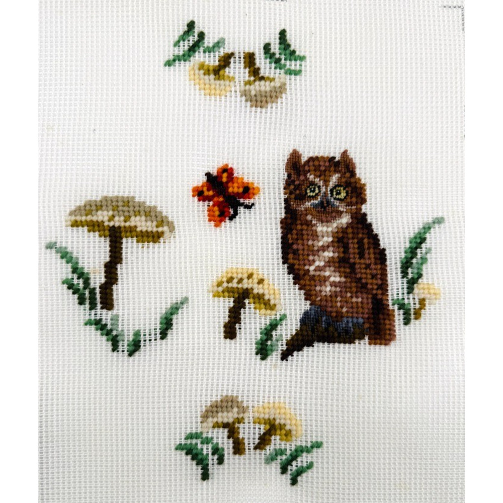 Vintage Dritz Preworked Needlepoint Owl Mushrooms Canvas Brick Cover Doorstop